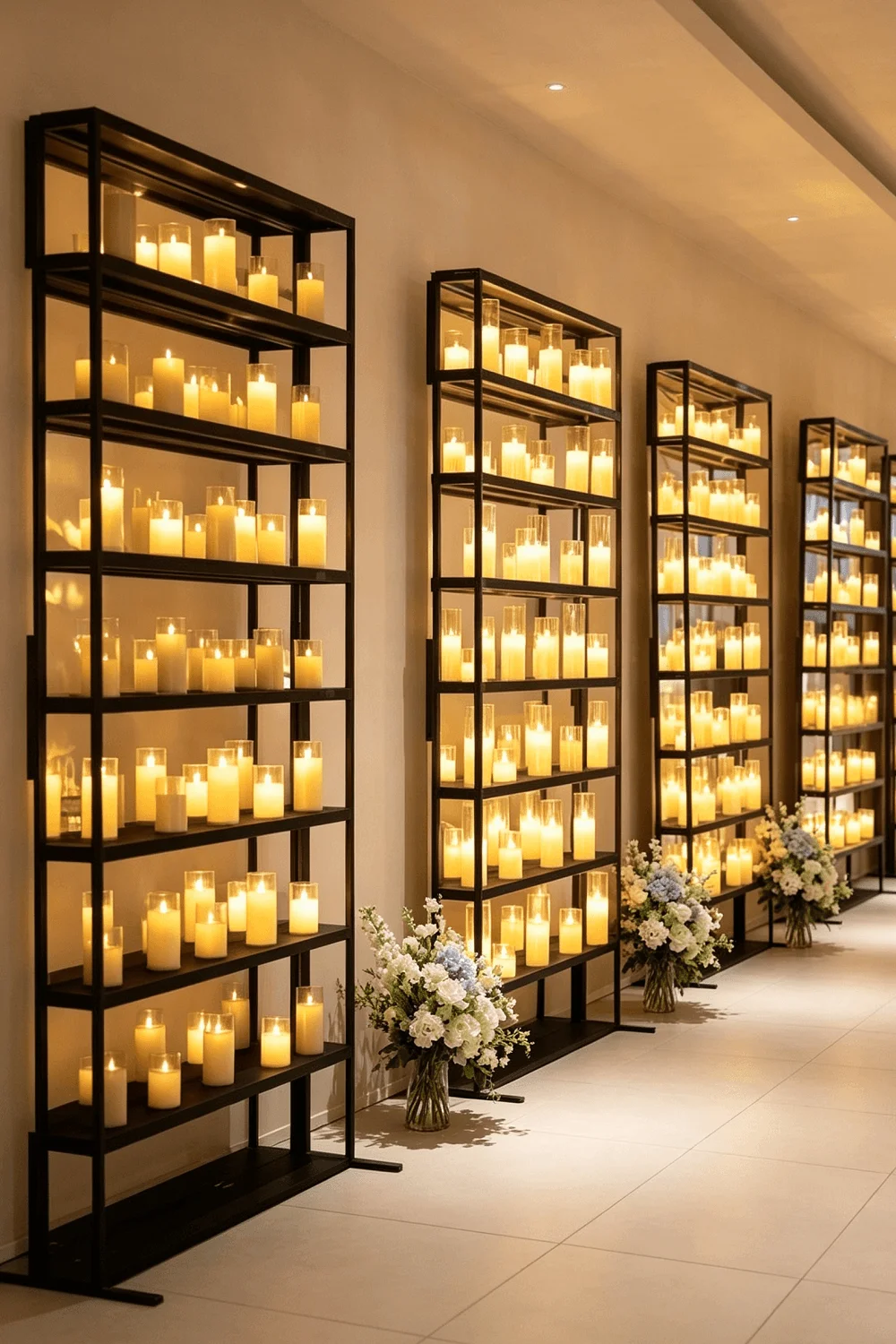 Tall black-framed shelves filled with warm flameless candles and floral arrangements in an event venue