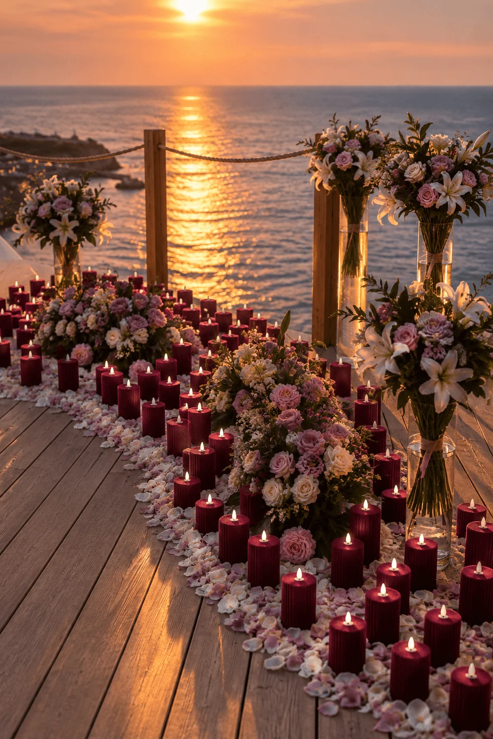 Wine-red flameless pillar candles massed among rose petals and pastel floral arrangements along a wooden seaside ceremony deck at sunset
