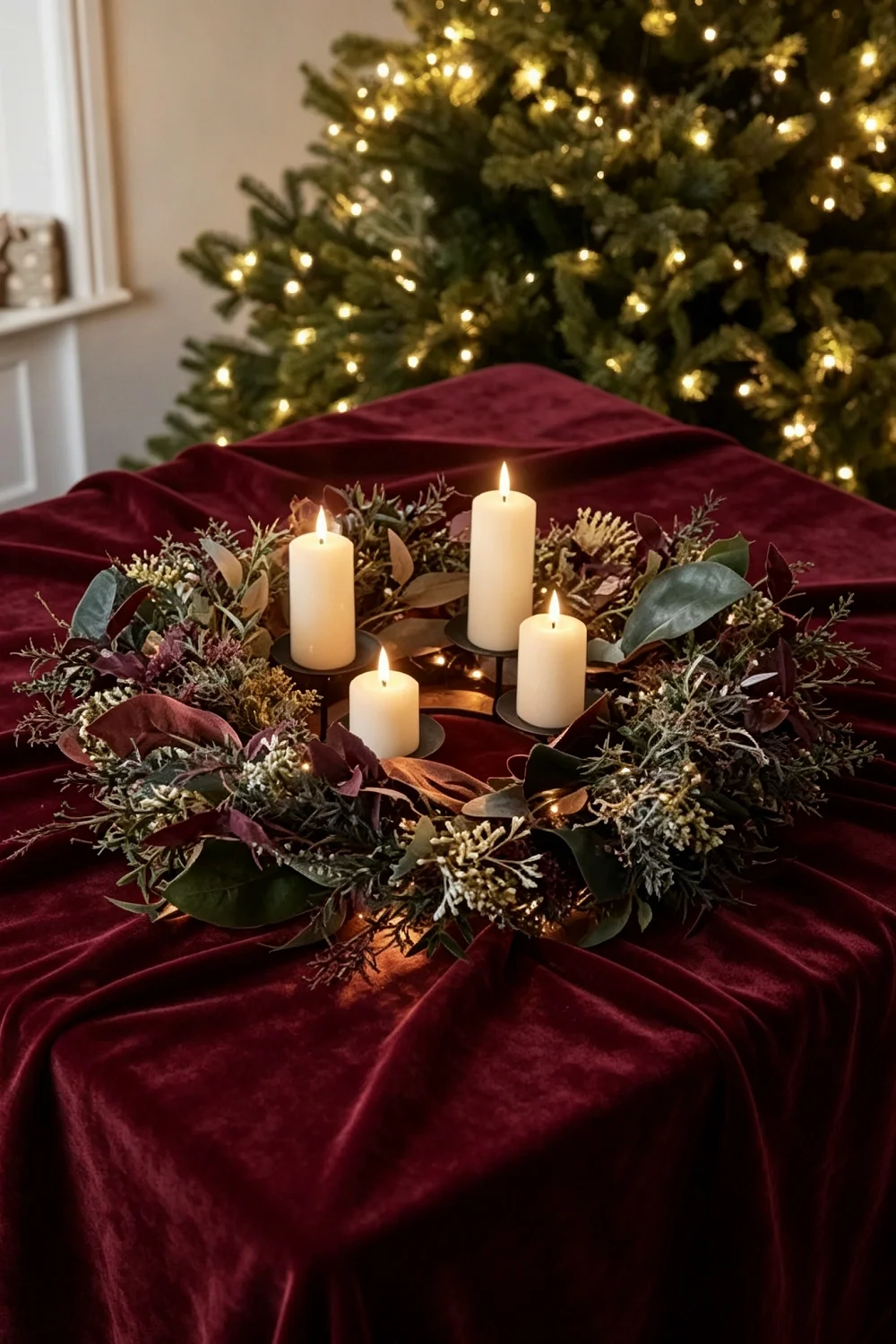 Eucalyptus and berry wreath centerpiece holding four cream pillar candles on a burgundy velvet cloth, lit Christmas tree behind