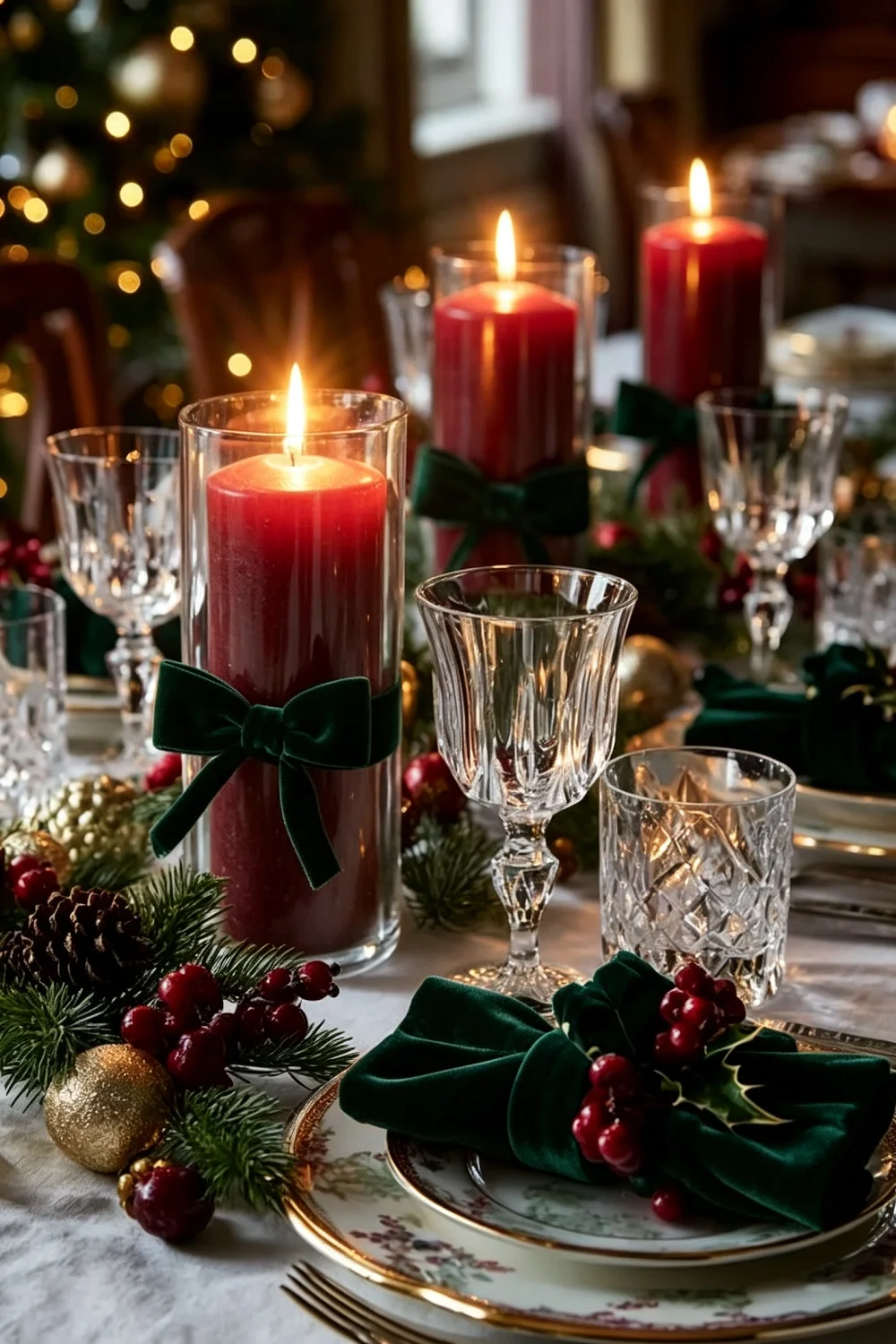 Red pillar candles in glass hurricanes tied with green velvet bows, set among pine, berries and crystal glassware on a Christmas table