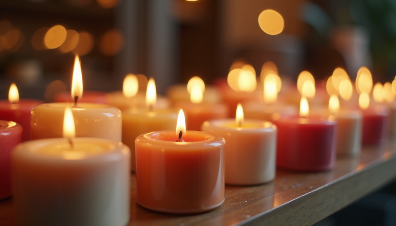 A row of lit pillar candles in coordinated cream, peach and red tones along a wooden ledge