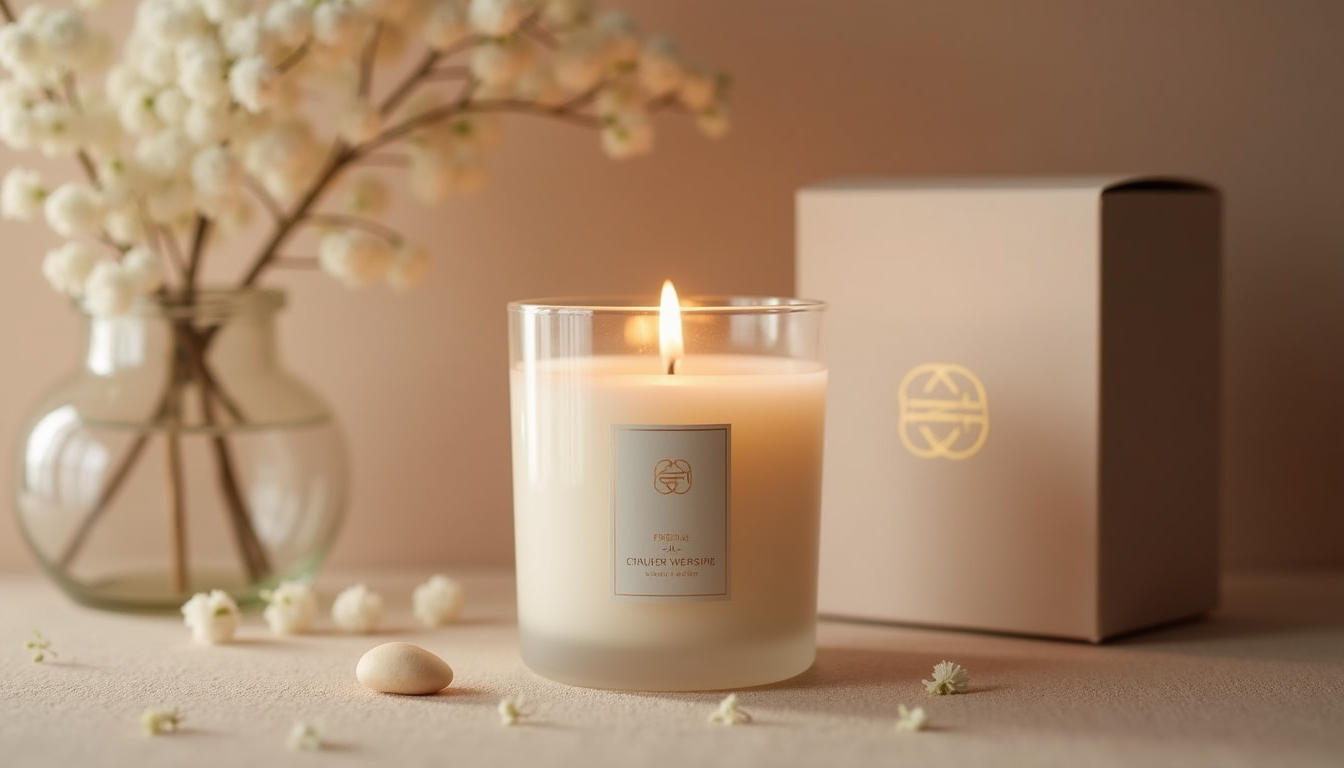 Lit private label candle in a frosted glass jar beside its branded gift box, with white blossom behind