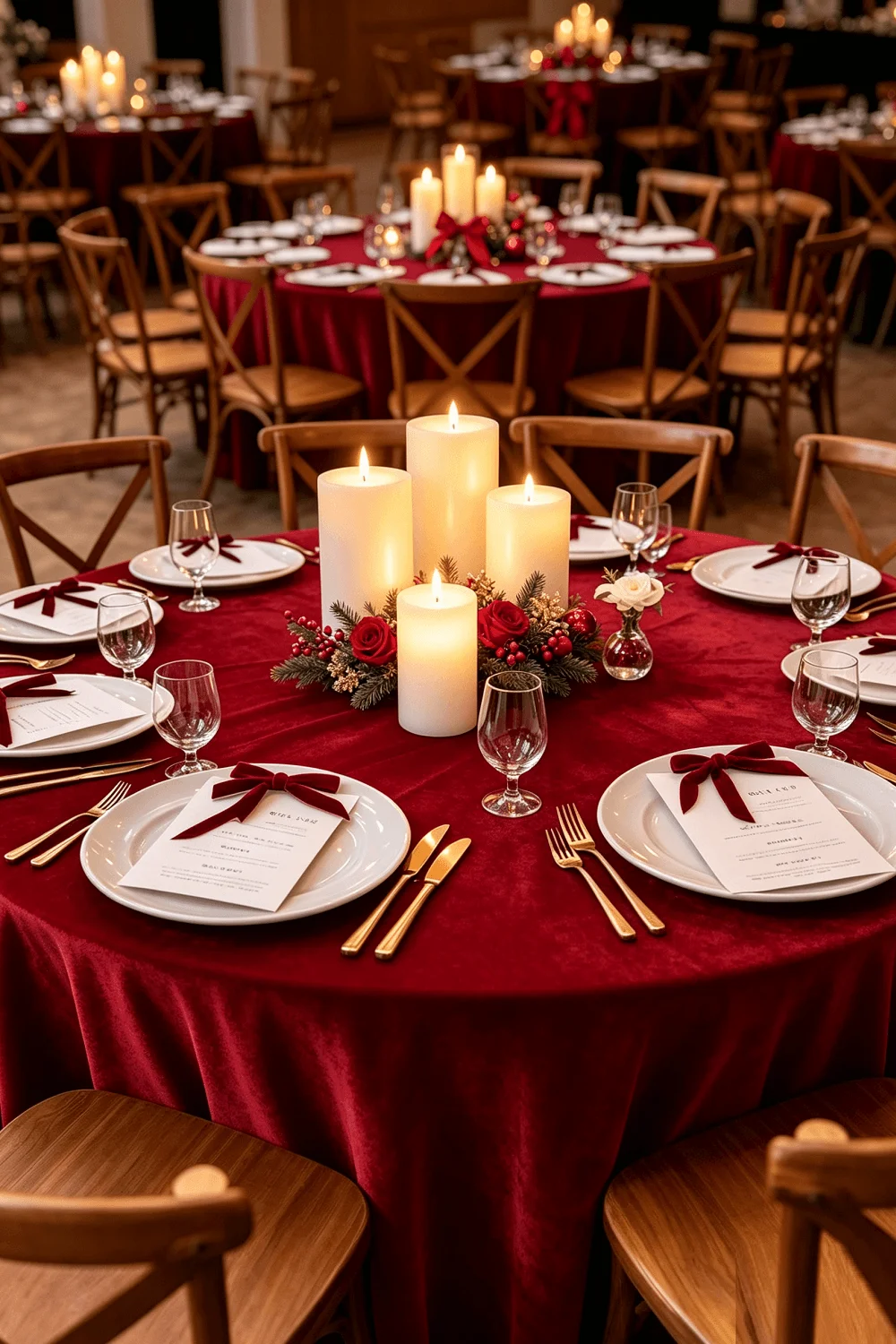 Round banquet tables in deep red velvet cloths set for a Christmas dinner, each with a tiered ivory flameless pillar candle centrepiece among pine sprigs and red roses