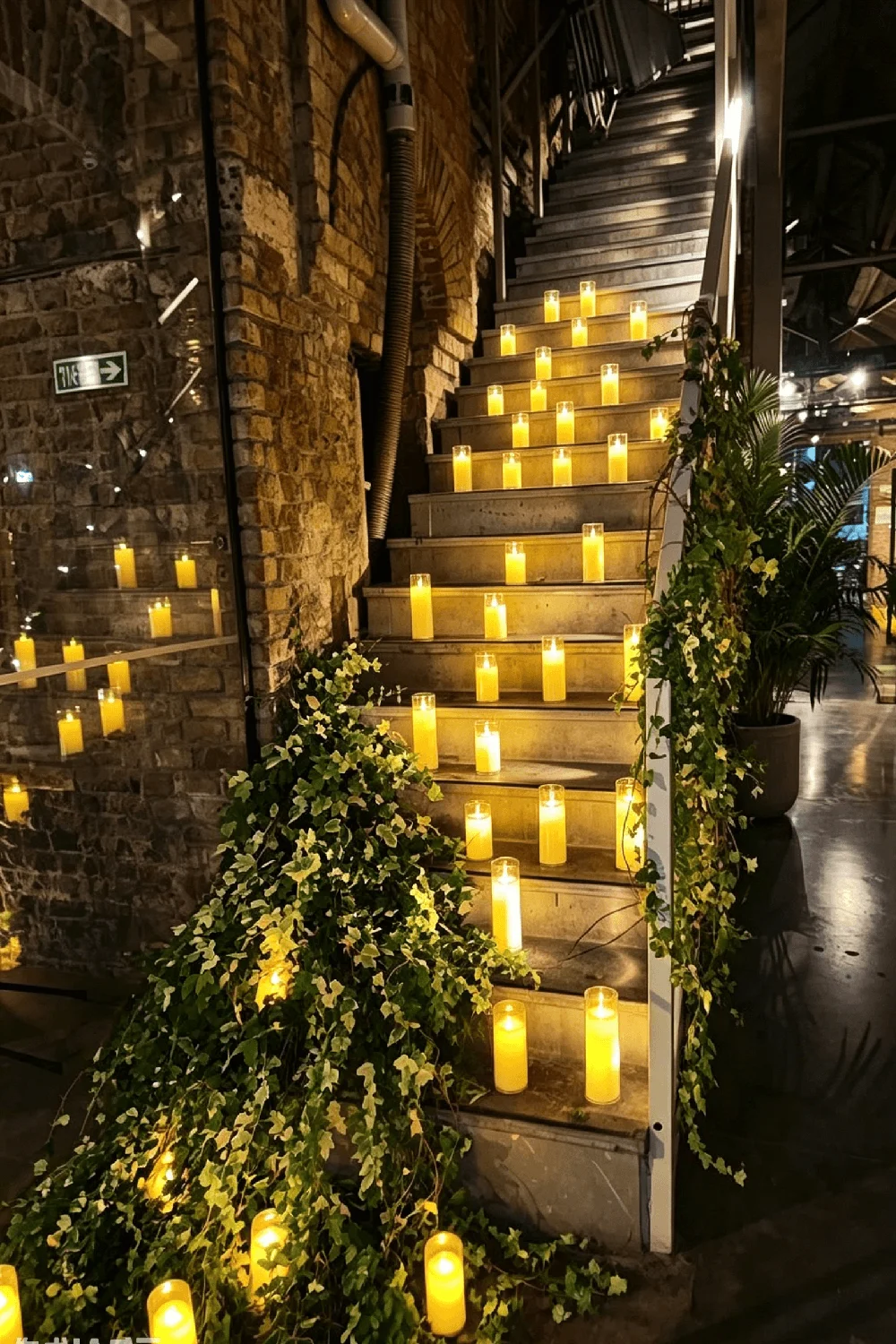 Flameless candles in clear glass cylinders set on every riser of a stone staircase in a brick-walled venue, with ivy garlands trailing over the banister
