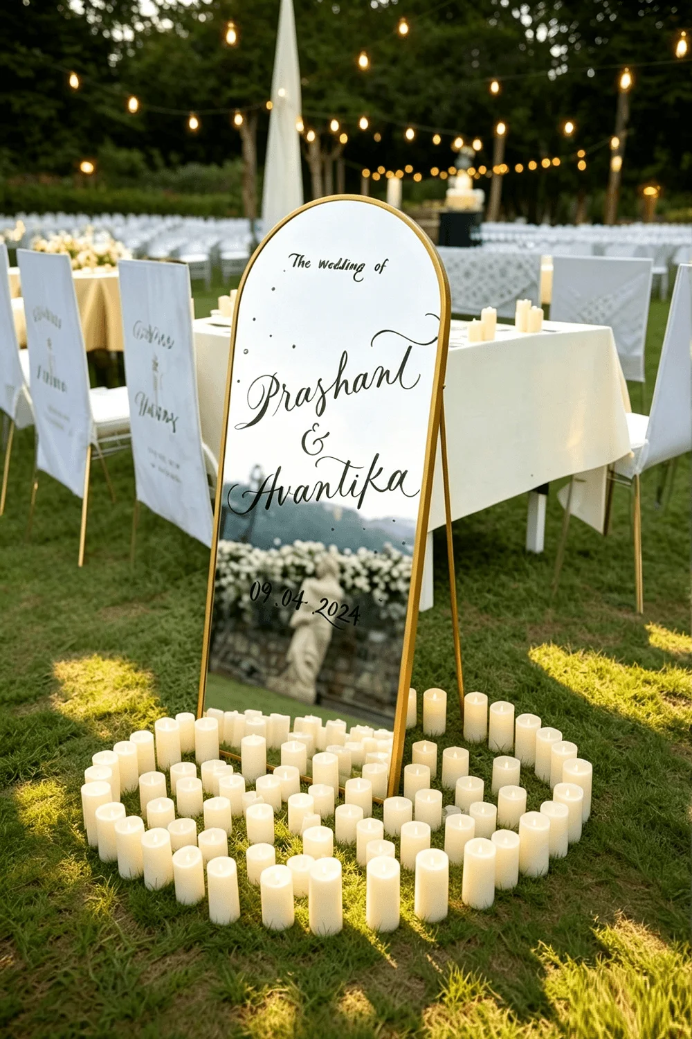 White flameless pillar candles arranged around a wedding sign on grass beneath warm outdoor string lights