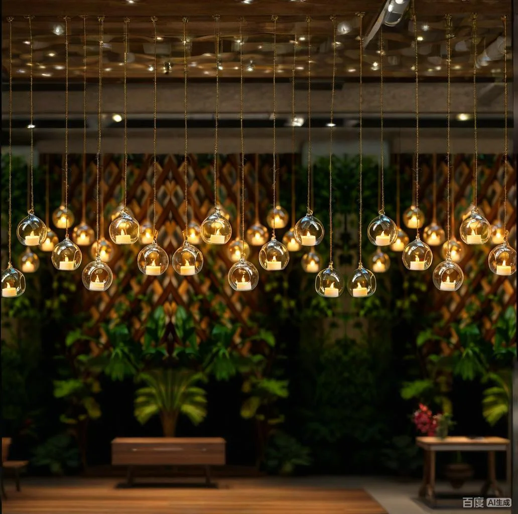 Rows of hanging glass spheres containing small LED tea lights suspended from a decorated ceiling