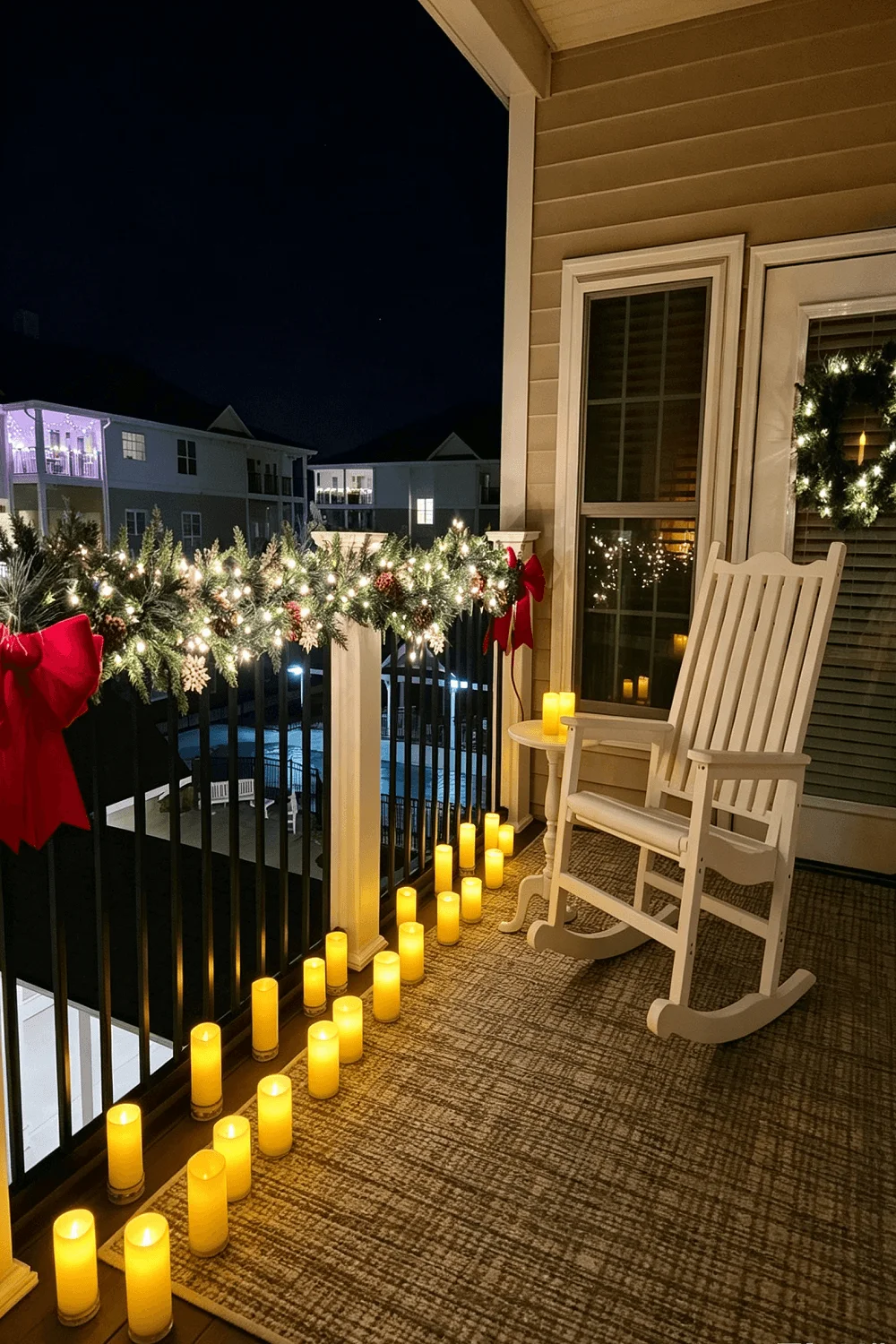 Covered porch at night with a lit pine garland and red bows along the railing, a white rocking chair, and flameless candles in glass sleeves lining the floor and side table