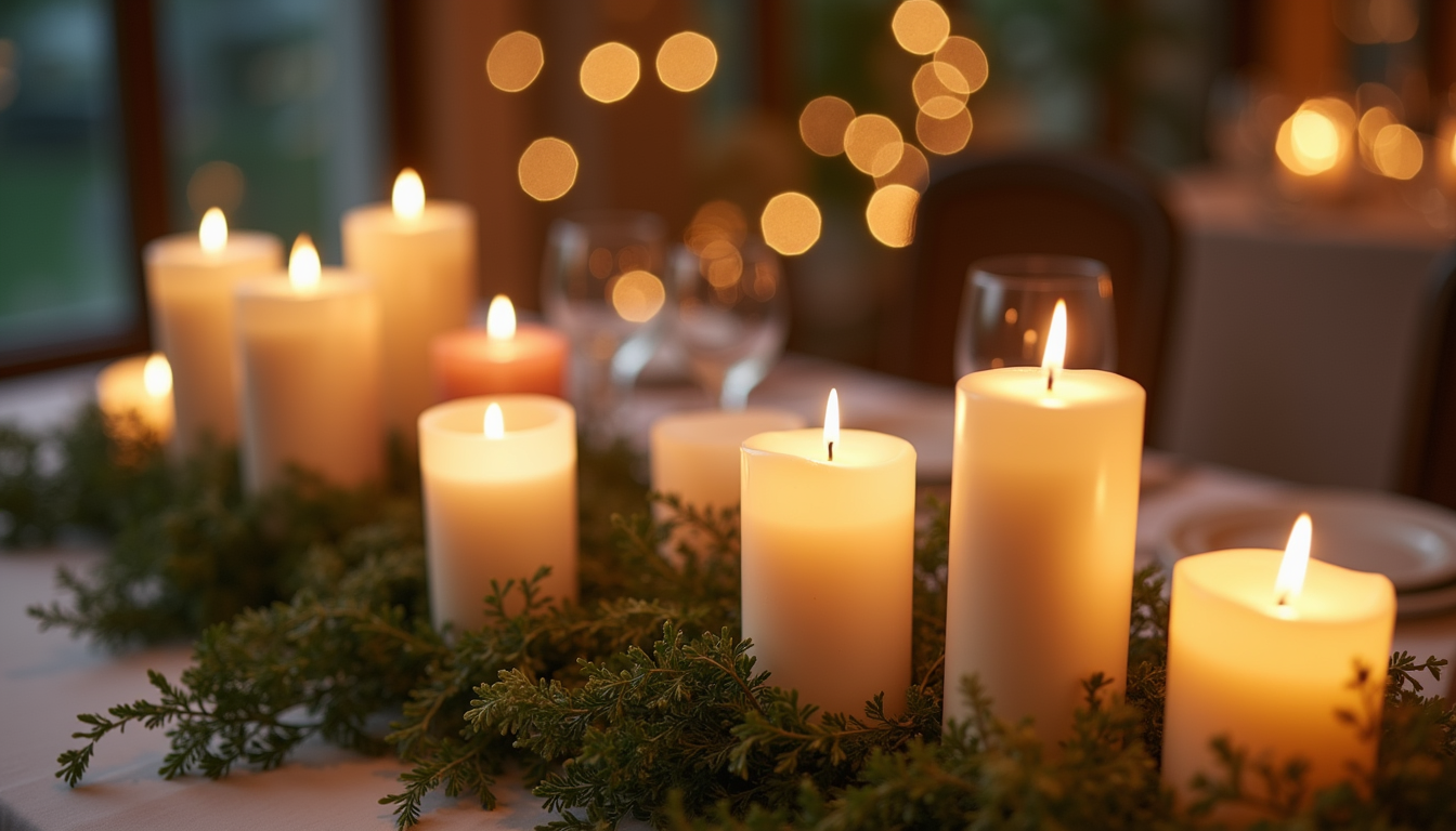 Cream pillar candles set among fresh greenery along a white banquet table