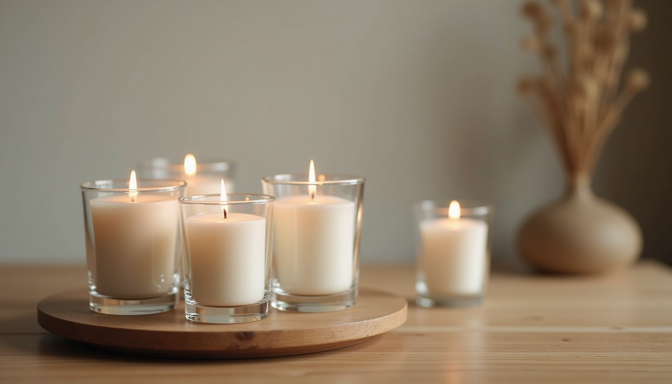 Five cream candles in clear glass votive holders arranged on a round wooden tray