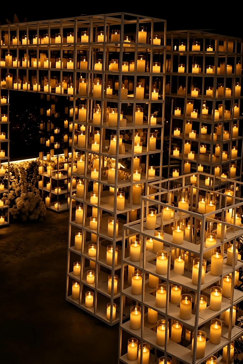 Tall white open-frame towers filled shelf by shelf with hundreds of lit flameless pillar candles in a darkened event venue, beside a white floral installation