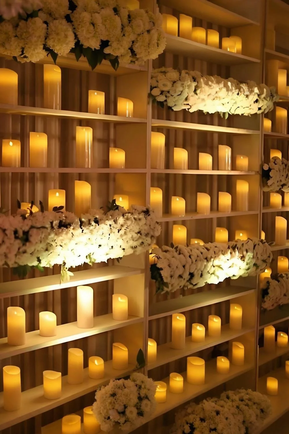 Wall of open shelves filled with lit flameless pillar candles interspersed with white floral garlands at a wedding venue