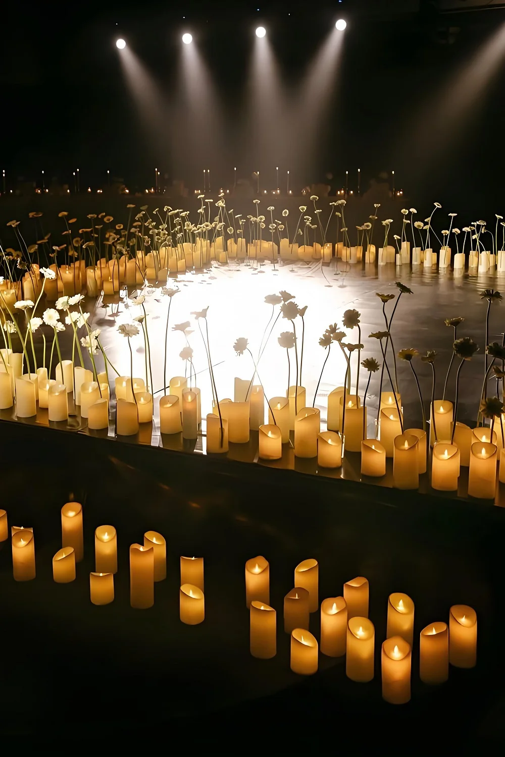 Darkened event floor ringed with rows of lit flameless pillar candles and white daisies beneath four overhead spotlights