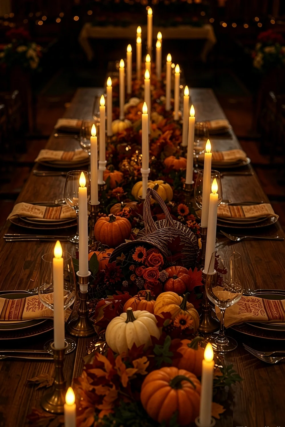 Long autumn banquet table lit by rows of flameless taper candles among pumpkins, gourds and a cornucopia