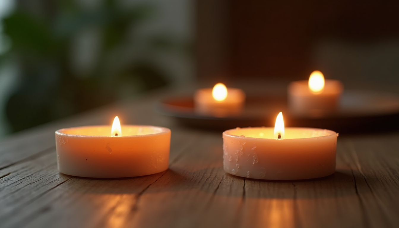 Four lit tea lights in white cups on a wooden table, two in the foreground and two on a dish behind