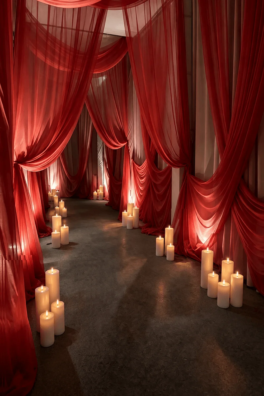 White flameless pillar candles arranged along an aisle between flowing red fabric drapes at an event venue