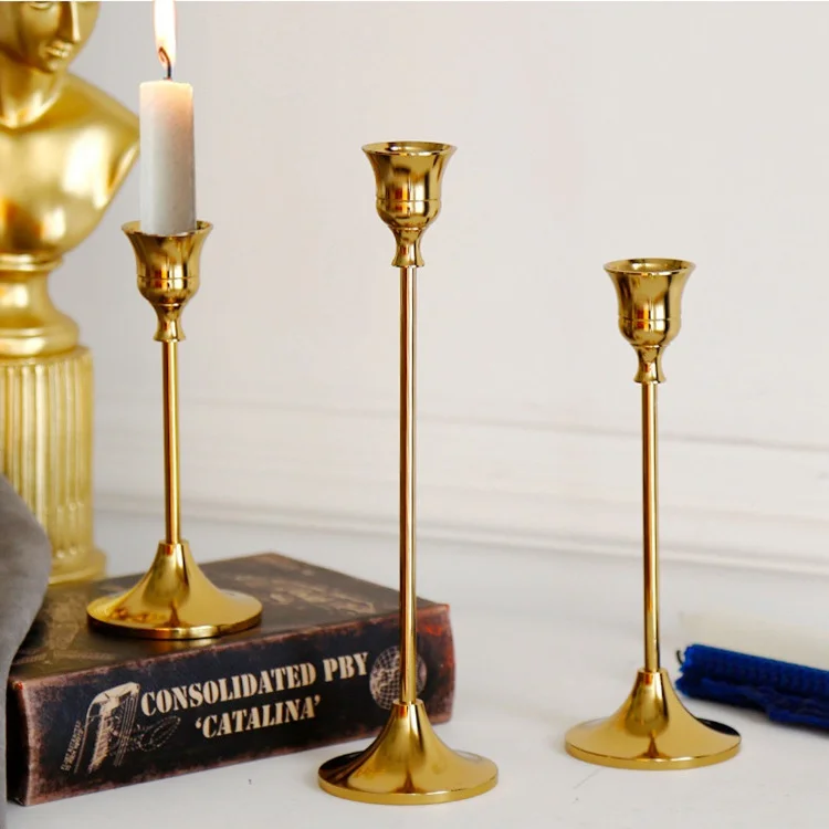Antique Electroplated Metal Long Stemmed Tapered Candle Stick Holder For Wedding