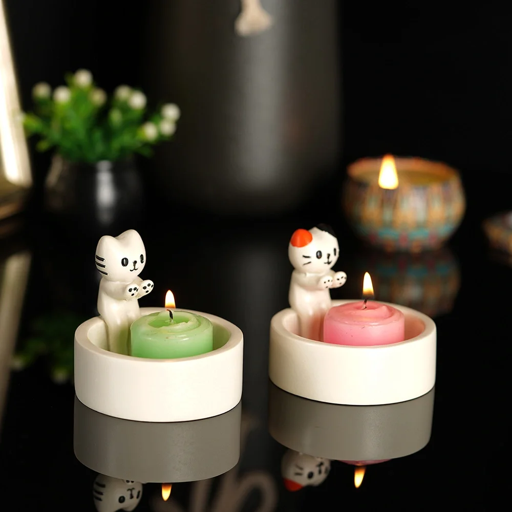 Cartoon Kitten Cat Decorative Resin Tealight Candle Holder for Valentine's Day