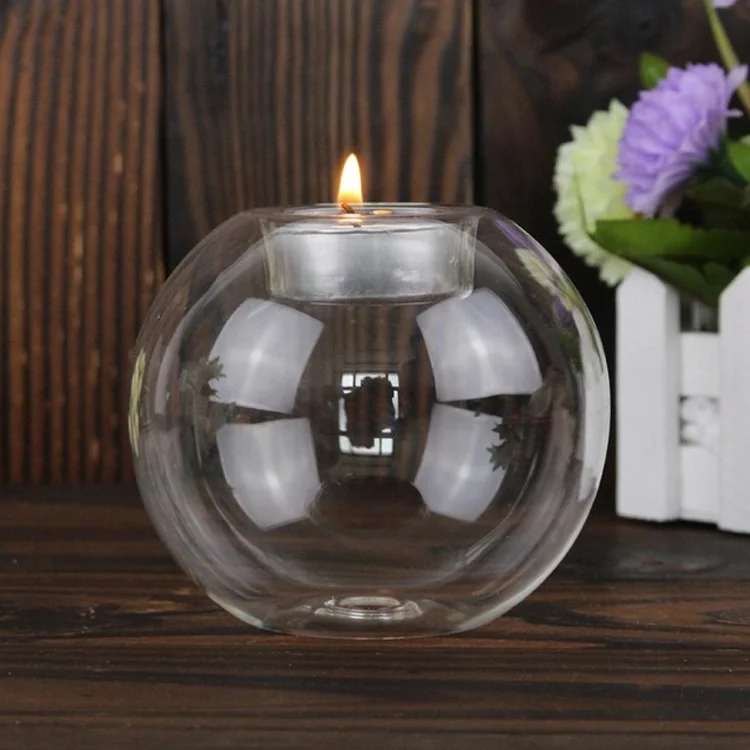 Custom Logo 8cm 10cm Borosilicate Decorative Crystal Round Glass Candle Holders