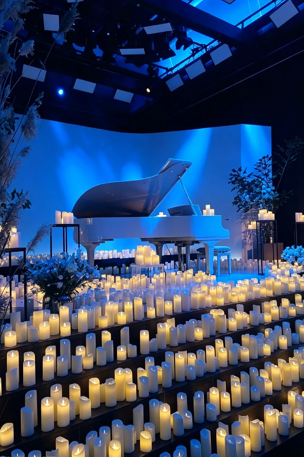 Hundreds of flameless pillar candles lining tiered steps around a white grand piano on a blue-lit concert stage