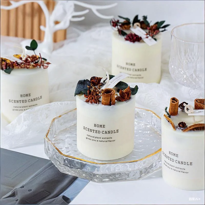 Handmade Custom Logo Soy Wax Dried Flowers Scented Pillar Candles for Wedding