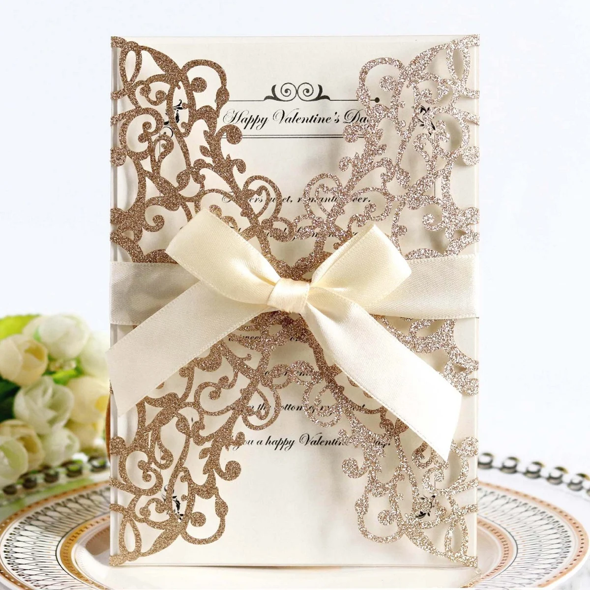 HardCover Personalized Printing Embossing Wedding Invitation Card with Ribbon