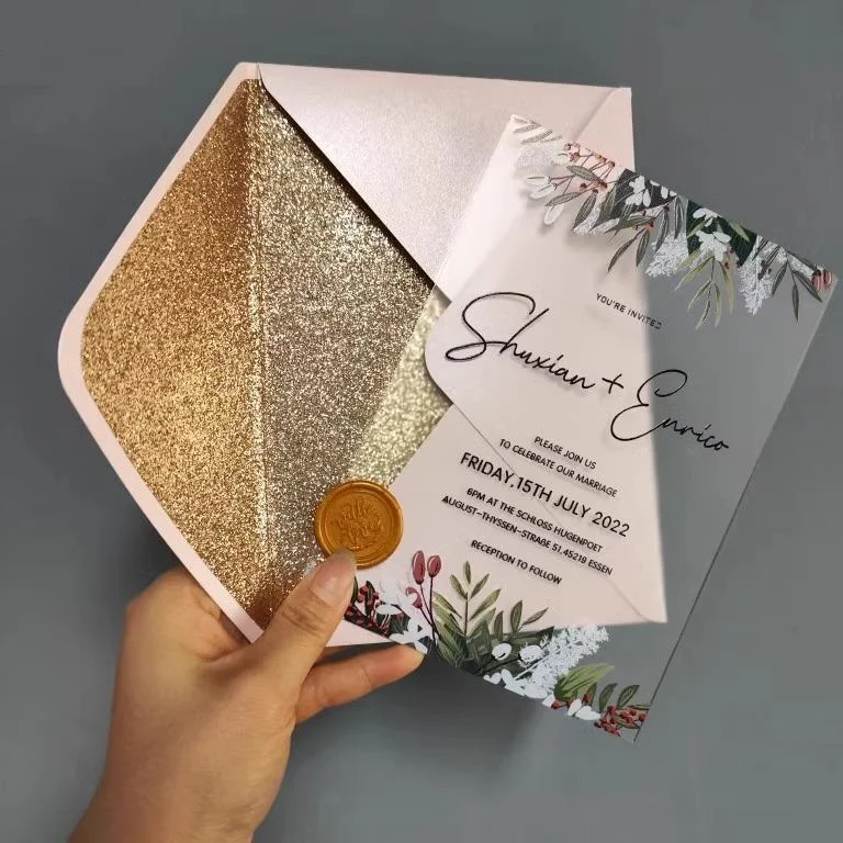 Laser Cut Clear Acrylic Custom Printed Wedding Invitation Card with Wax Sealing