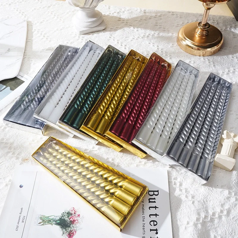 Long Stemmed Metallic Gold Silver Praffin Wax Spiral Taper Candles for Dinner