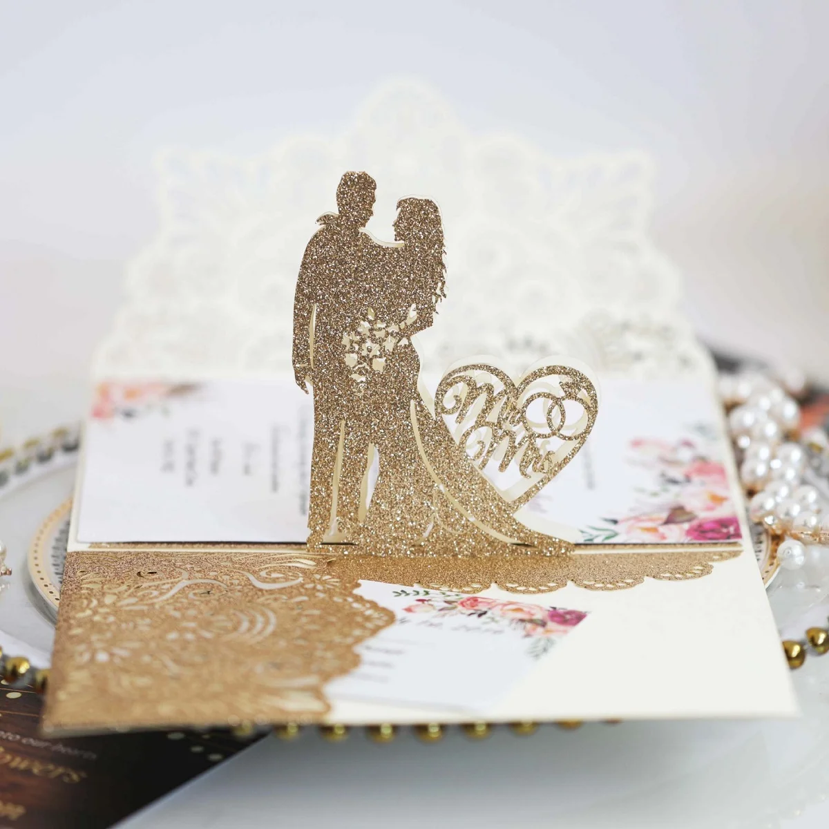 Luxurious Hollowed 3D Pop Up Paper Wedding Invitations with Reply Card