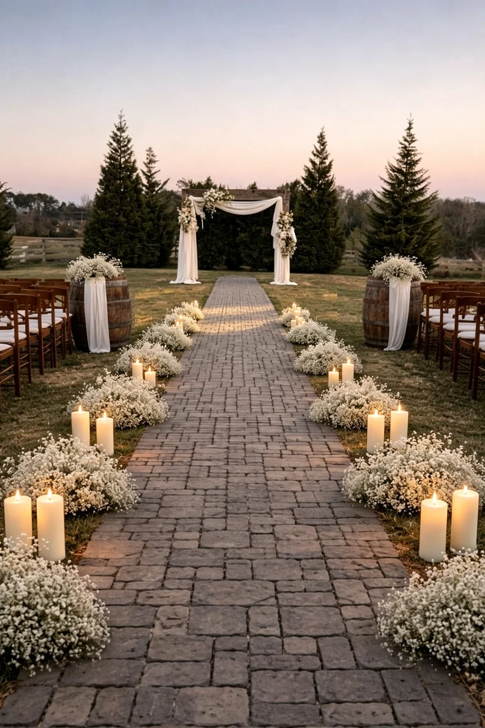 Ivory flameless pillar candles set among clusters of white gypsophila along a stone ceremony aisle at dusk, with a draped arch and evergreen firs behind